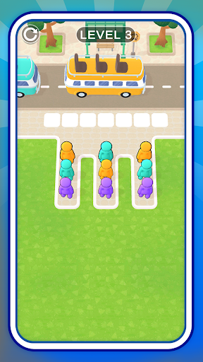 Bus Wait Sim level showing colored passengers queued below a yellow bus