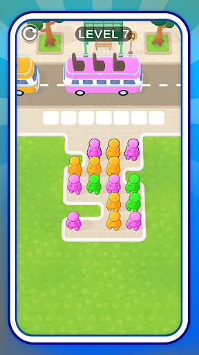 Bus Wait Sim level showing a maze-like passenger queue and pink bus